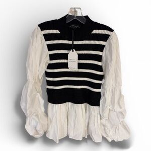 English Factory Black White Striped Mixed Media Top Cute Classy